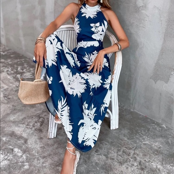 Boho floral plants cutout back ruffle hem dress - Picture 8 of 10